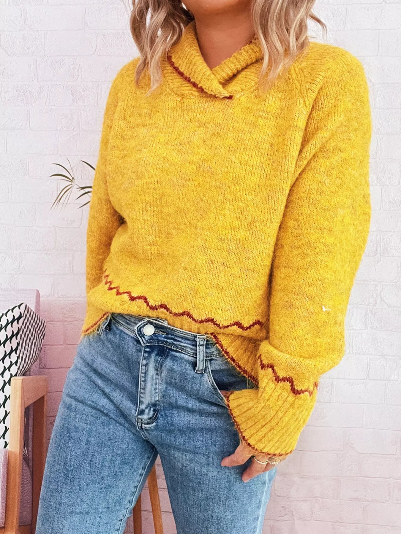 Ribbed Contrast Trim Long Sleeve Sweater OutfitFlow