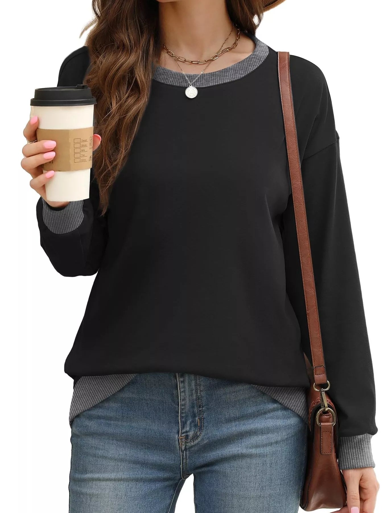 Contrast Trim Crew Neck Casual Sweatshirt OutfitFlow