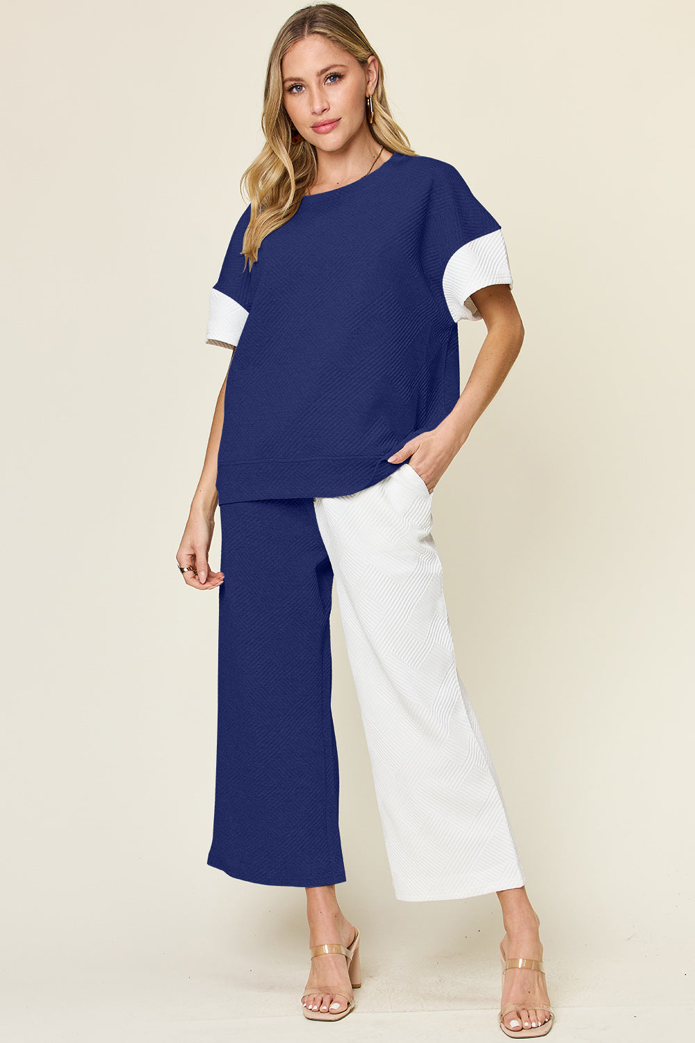 Double Take Full Size Texture Contrast T-Shirt and Wide Leg Pants Set Royal Blue OutfitFlow