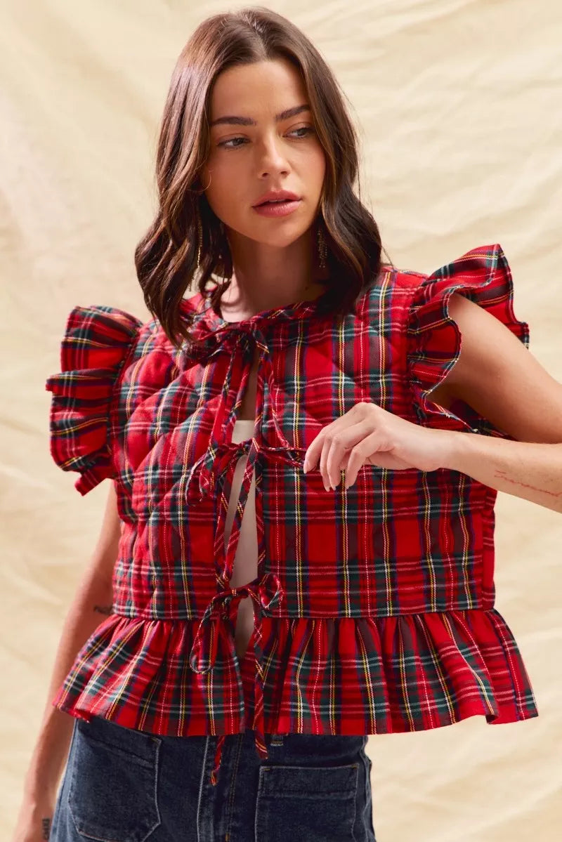 SO ME Christmas Holiday Plaid Ruffled Quilt Vest Top Trendsi