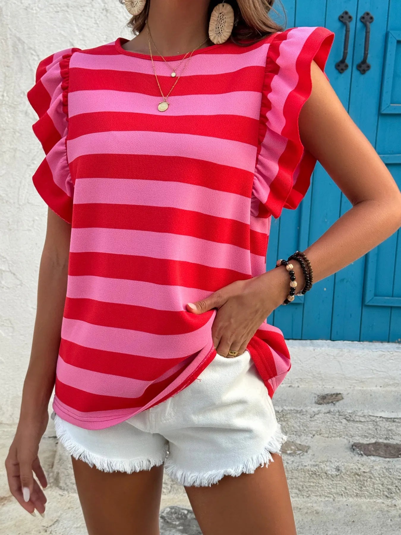 Contrast Striped Ruffle Sleeve T-Shirt OutfitFlow