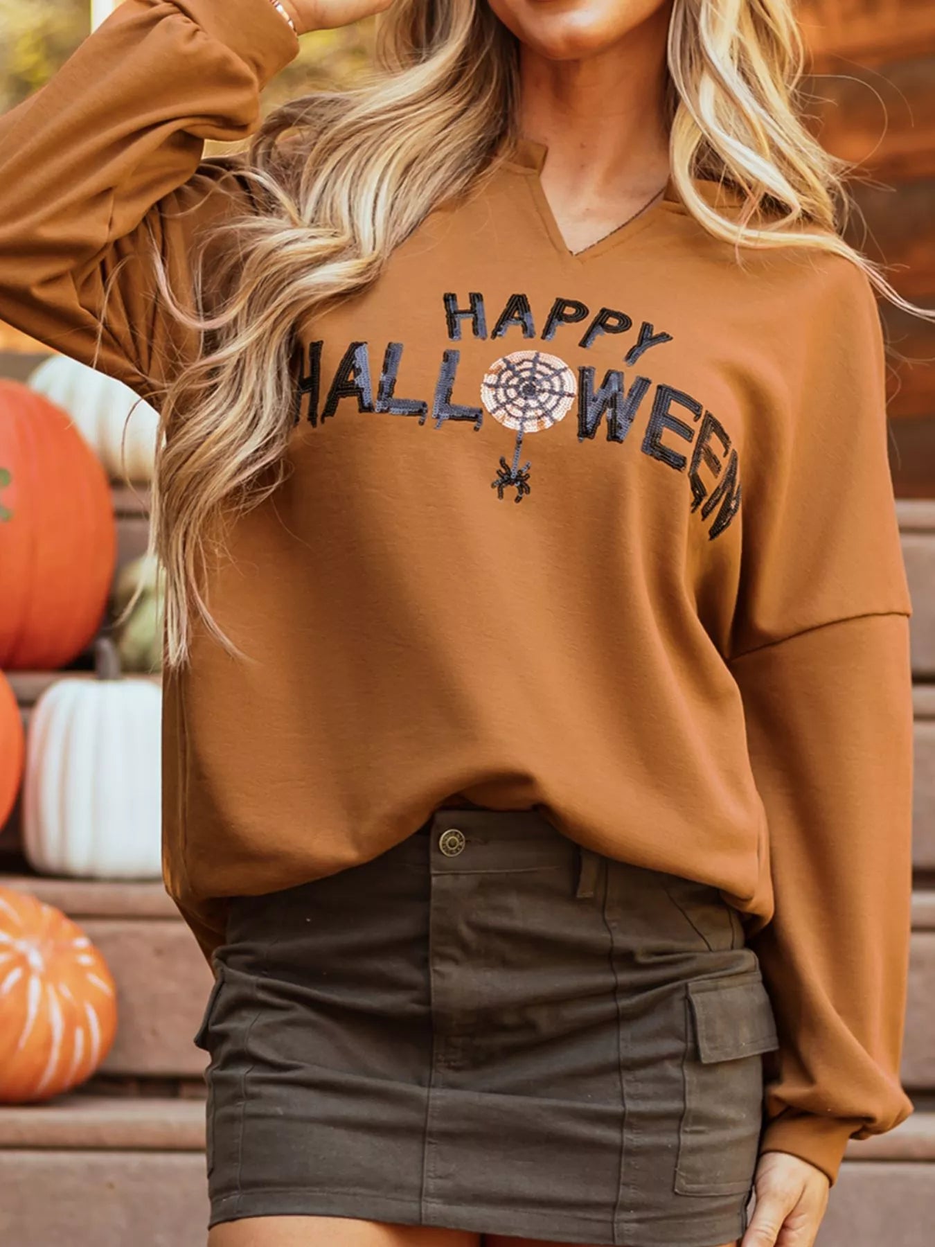 Happy Halloween Graphic Notched Long Sleeve Loose Top OutfitFlow