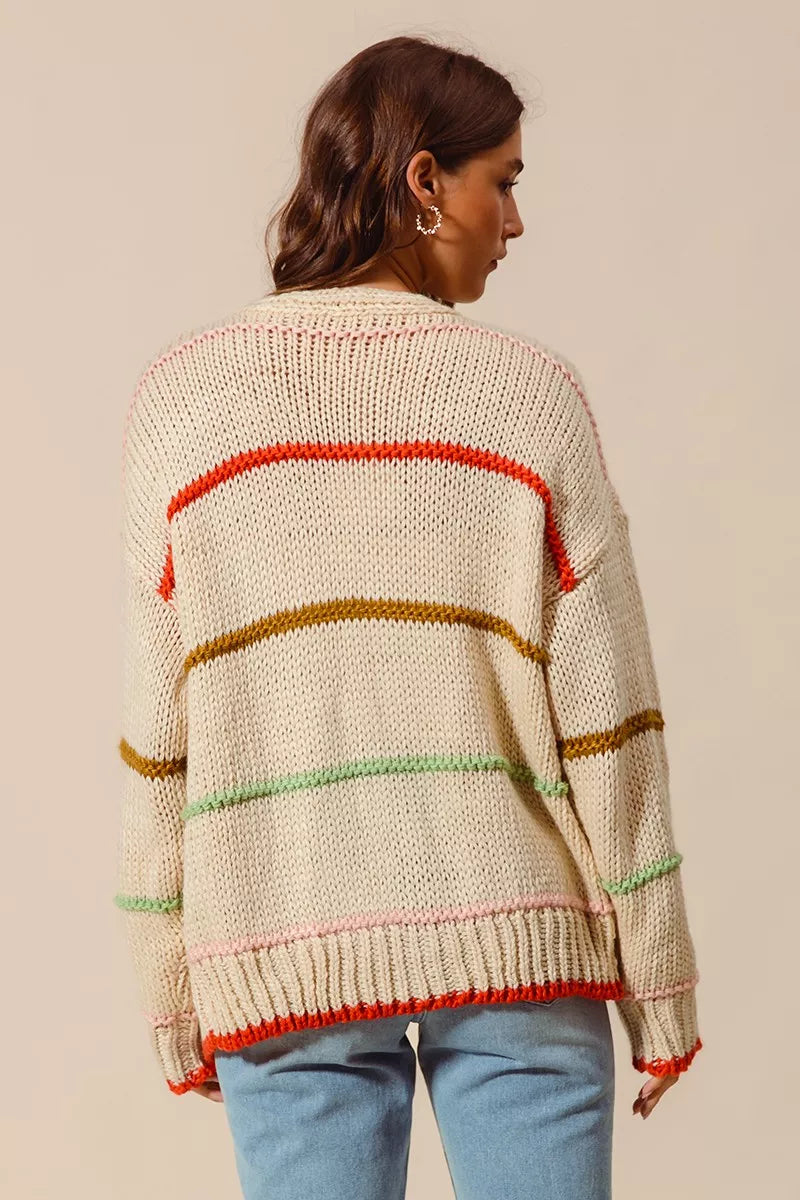 SO ME Loose Fit Multi Stripe Open Front Cardigan Trendsi