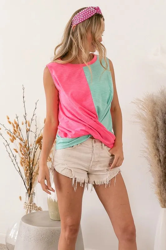 BiBi Slub Terry Color Block Twisted Top OutfitFlow