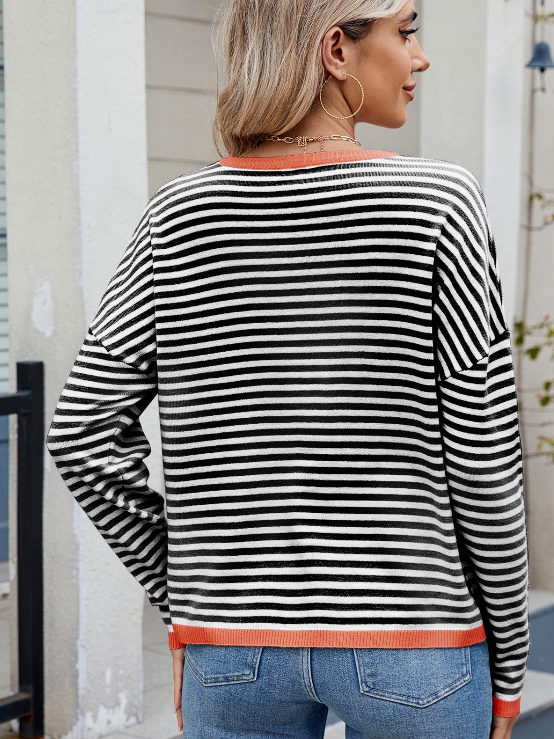 Outfit Flow - Striped Contrast Round Neck Long Sleeve Sweater