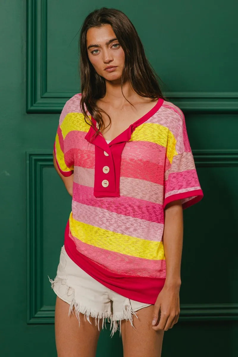 BiBi Multi Color Stripe Hacci Button Detail Ringer Top OutfitFlow