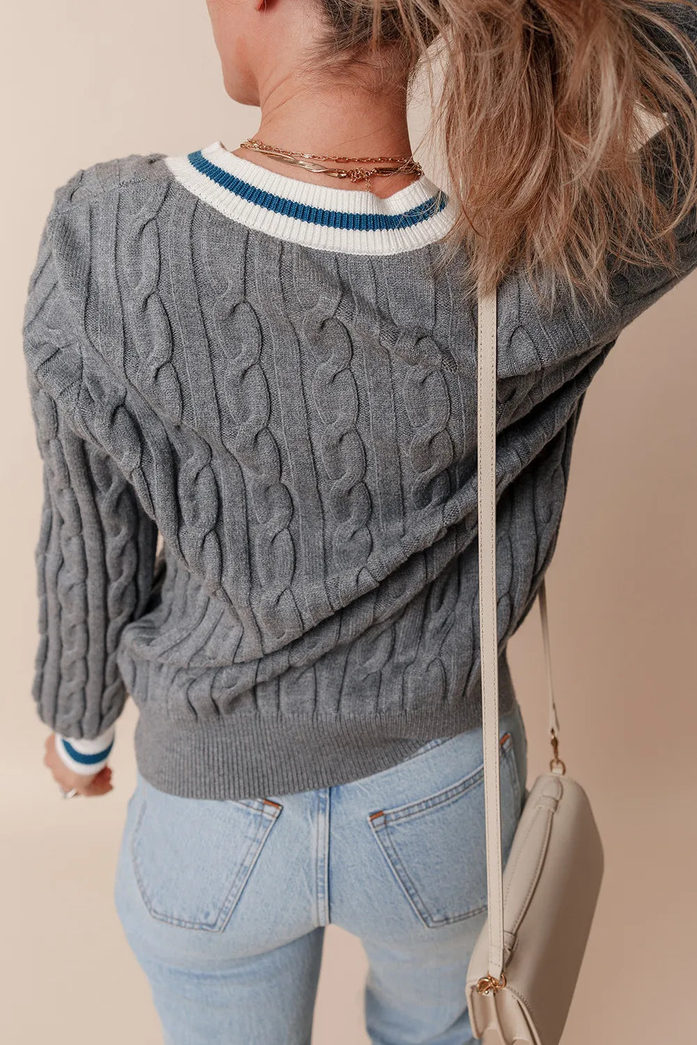 Cable-Knit V-Neck Long Sleeve Sweater Trendsi