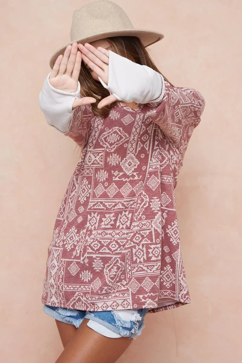 BiBi Aztec Print French Terry Top with Thumb Opening OutfitFlow