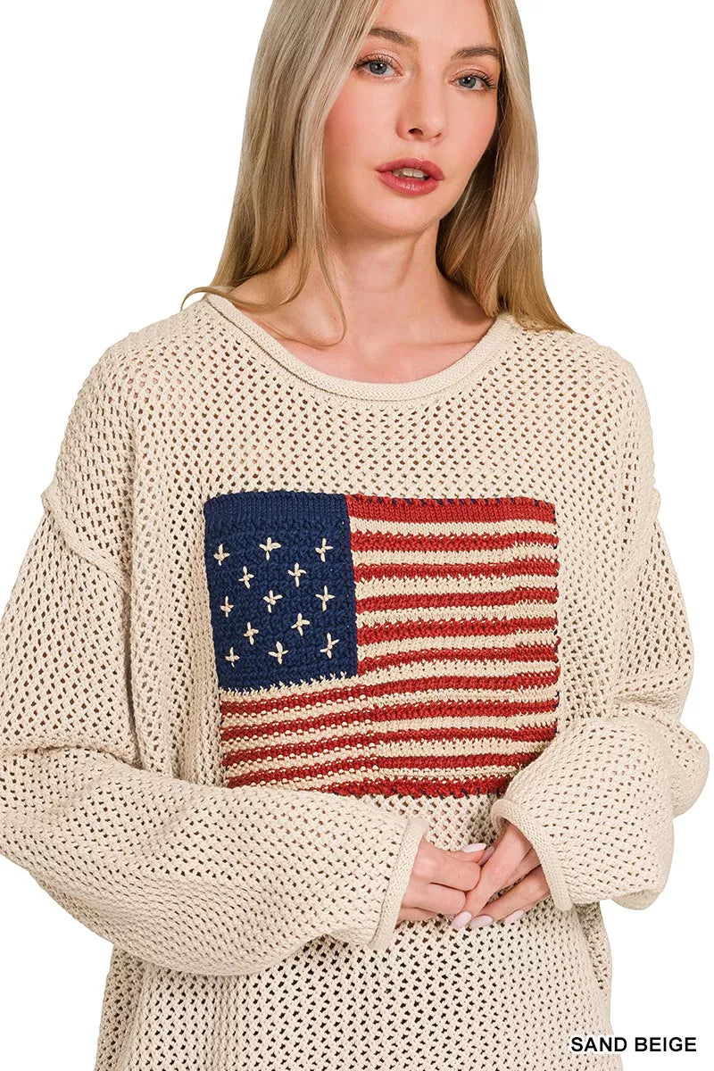 Zenana American Flag Crew Neck Sweater OutfitFlow