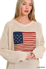 Zenana American Flag Crew Neck Sweater OutfitFlow