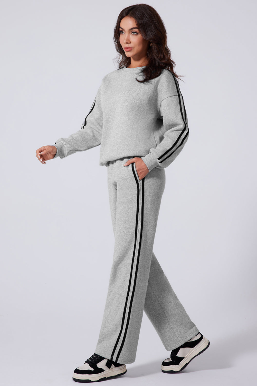 Outfit Flow - Side Striped Round Neck Top and Pants Active Set