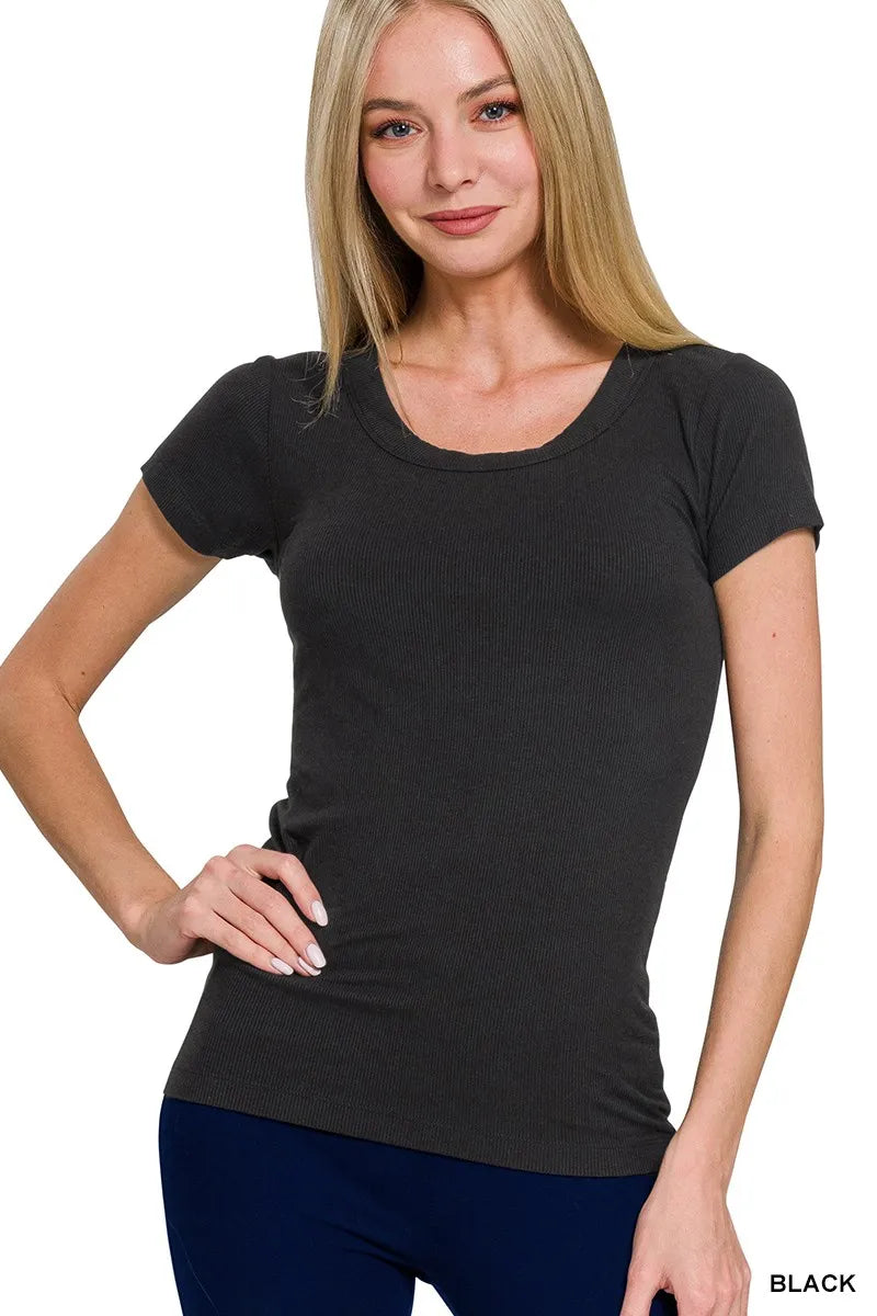 Zenana Ribbed Round Neck Short Sleeve T-Shirt BLACK OutfitFlow