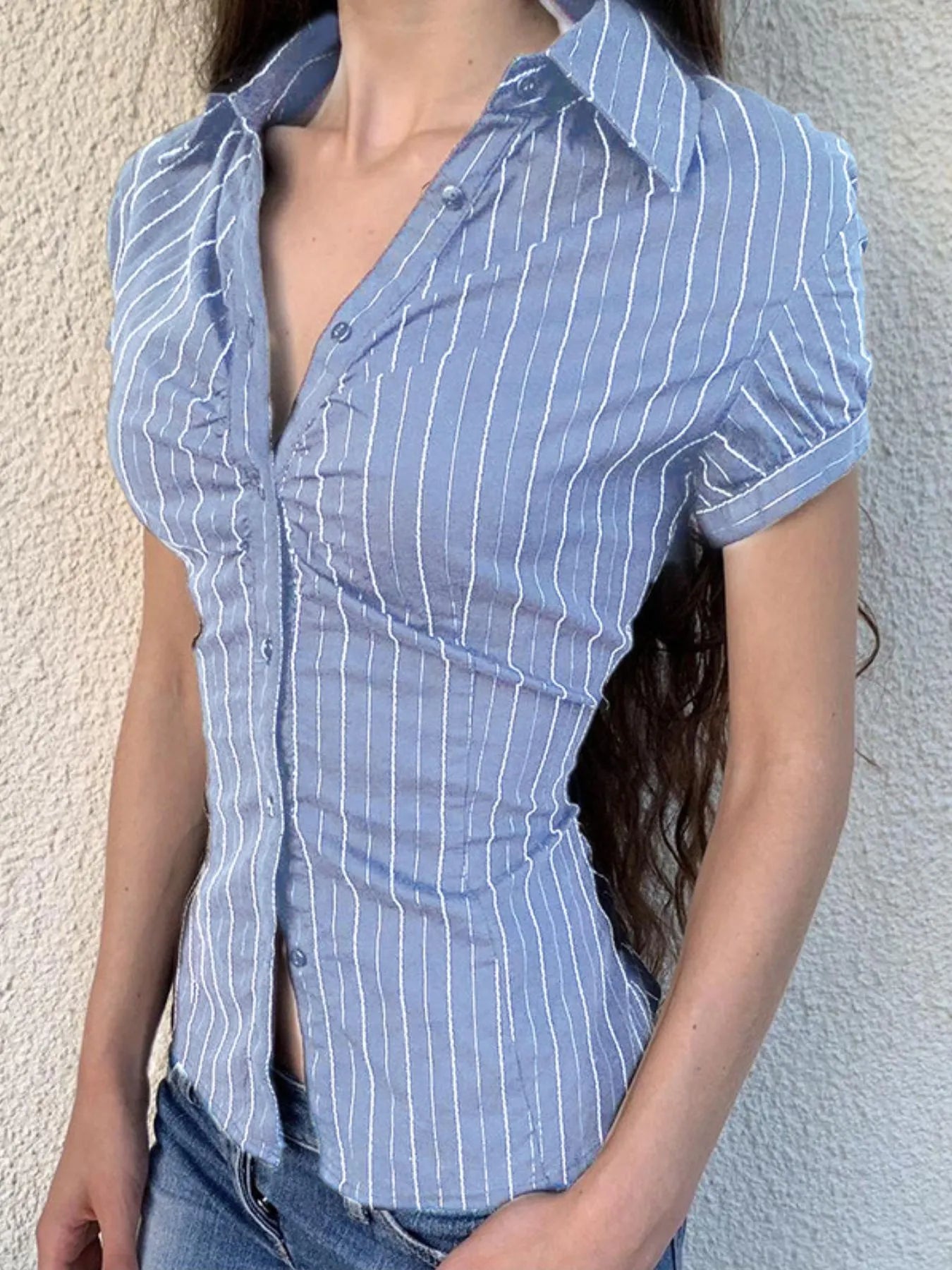 Striped Button-Down Collared Neck Shirt OutfitFlow