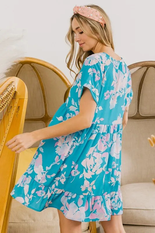 BiBi Floral Crinkle Shirred Ruffle Detail V Neck Dress OutfitFlow