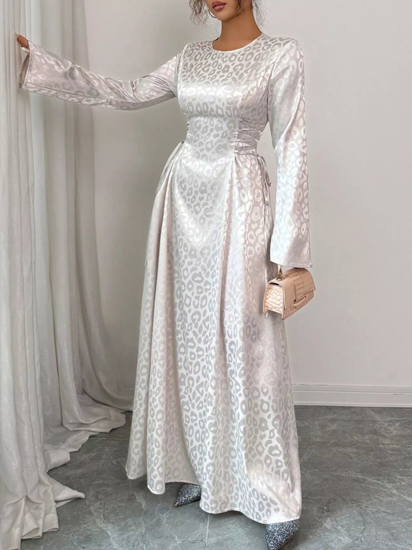 Leopard Lace Up Long Sleeve Maxi Dress OutfitFlow