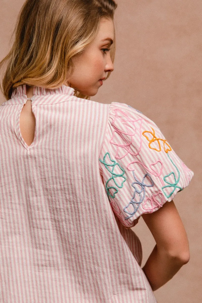 BiBi Embroidery Bubble Sleeve Top With Bottom Scallop Detail OutfitFlow