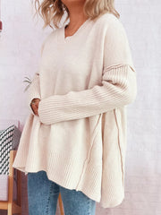V-Neck Dropped Shoulder Sweater OutfitFlow
