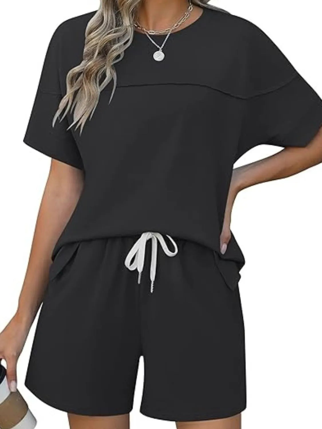 Round Neck Short Sleeve Top and Shorts Set Black OutfitFlow