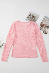 Lace Flower Round Neck Long Sleeve Top