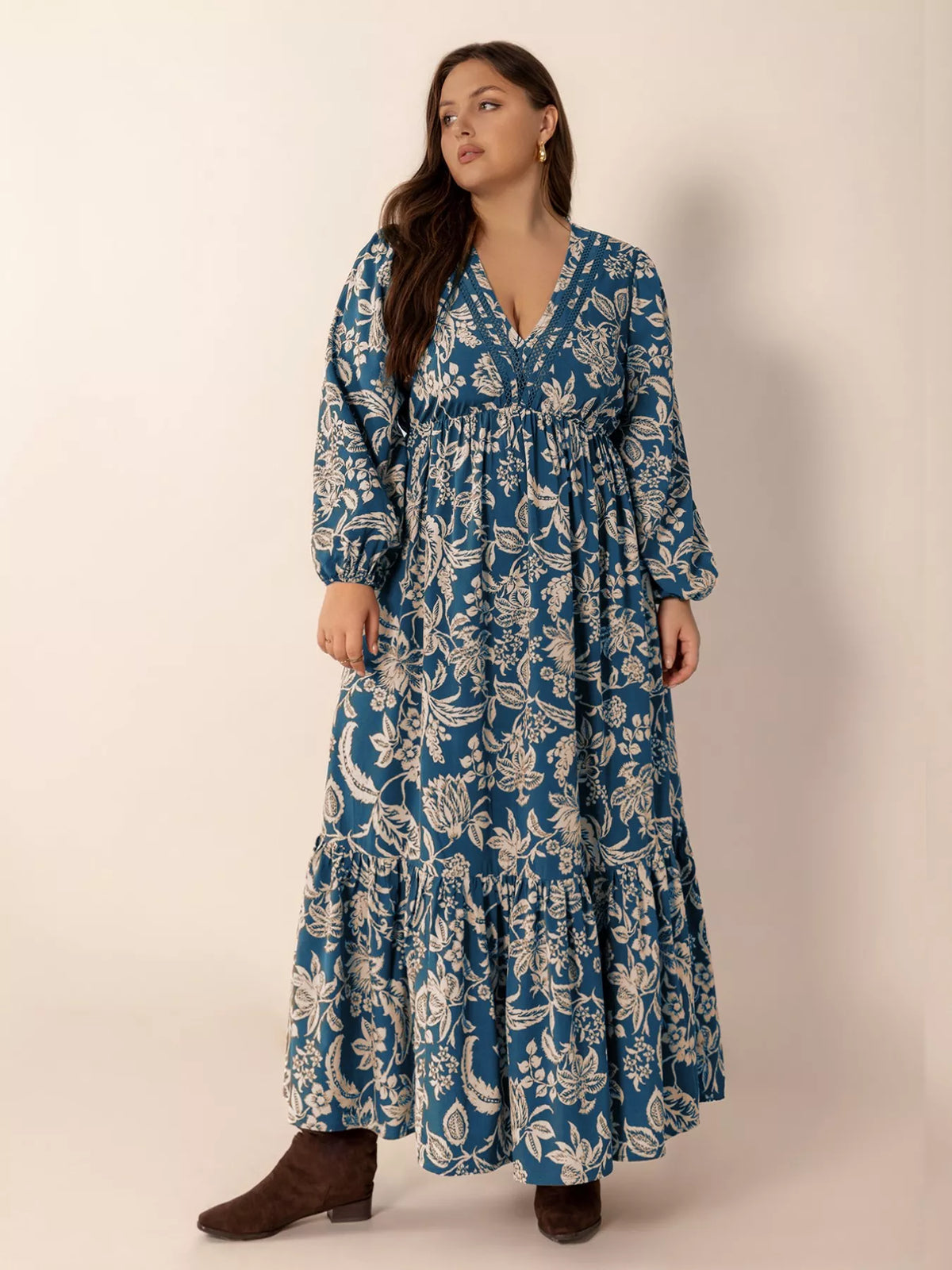 Plus Size Boho Floral Print Long Sleeve Maxi Dress Peacock Blue OutfitFlow