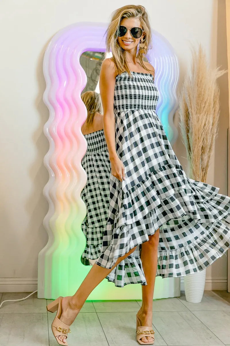 BiBi Smocked Body Off Shoulder Check Dress OutfitFlow