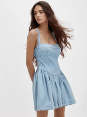 Smocked Crisscross Back Denim Mini Dress OutfitFlow