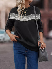 Fringe Trim Crew Neck Sweatshirt Black Trendsi