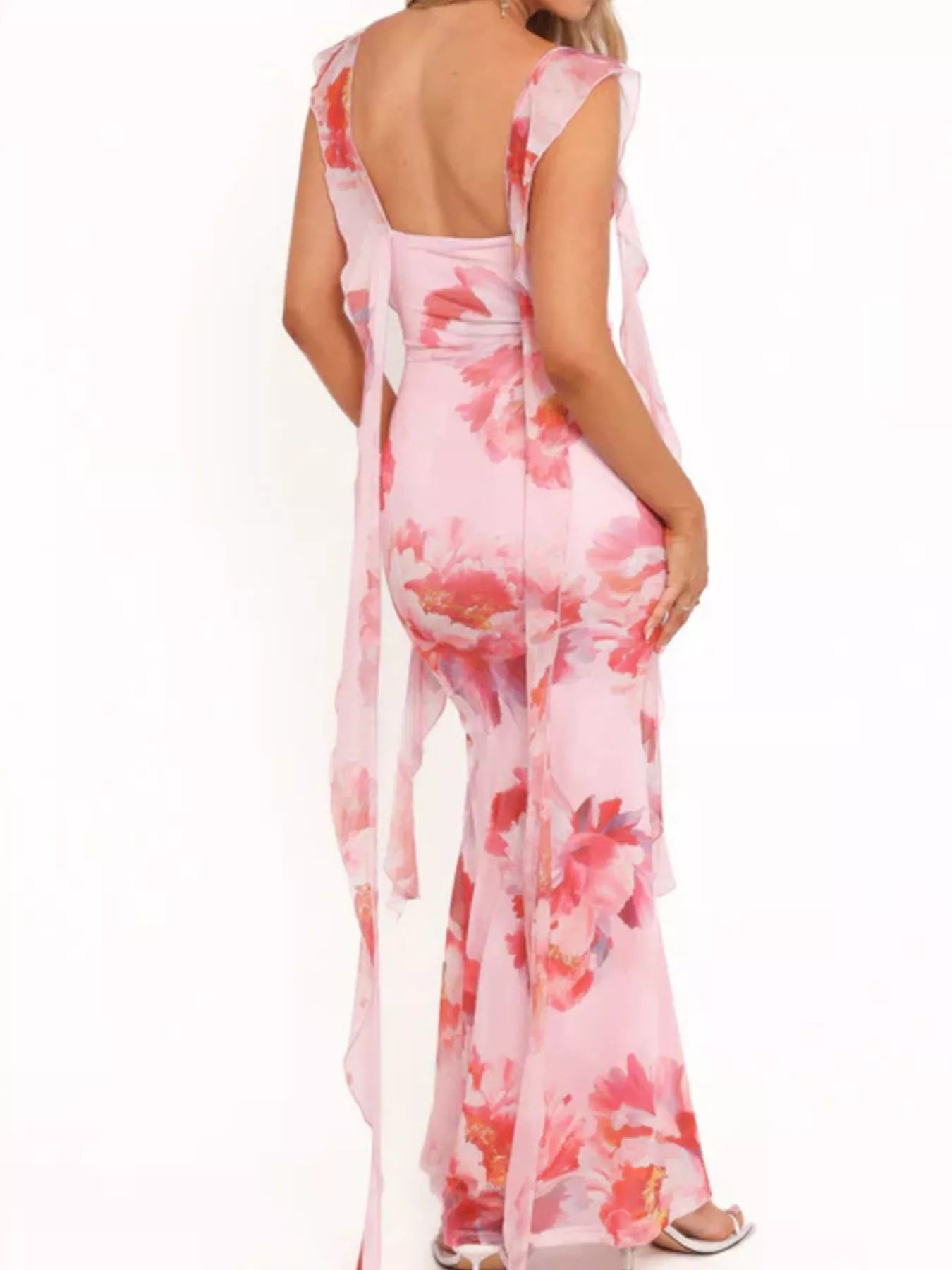 Floral Print Ruffle Trim Bodycon Maxi Dress OutfitFlow