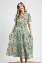 Umgee Smocked Waist Floral Short Sleeve Midi Dress Gum Leaf OutfitFlow