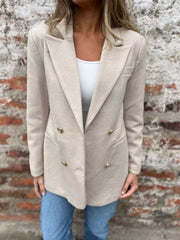 Full Size Double Breasted Long Sleeve Blazer Plus Size Apricot OutfitFlow