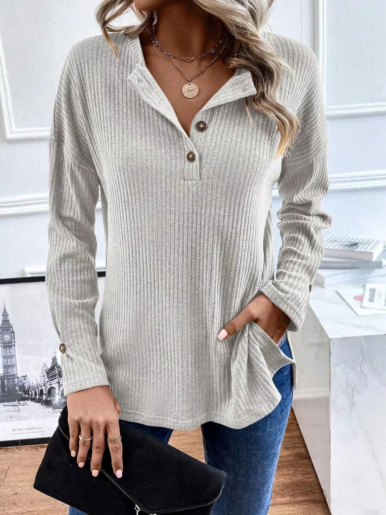 Ribbed Knit Button Detail Long Sleeve T-Shirt OutfitFlow