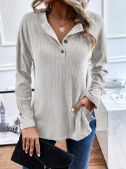 Ribbed Knit Button Detail Long Sleeve T-Shirt OutfitFlow