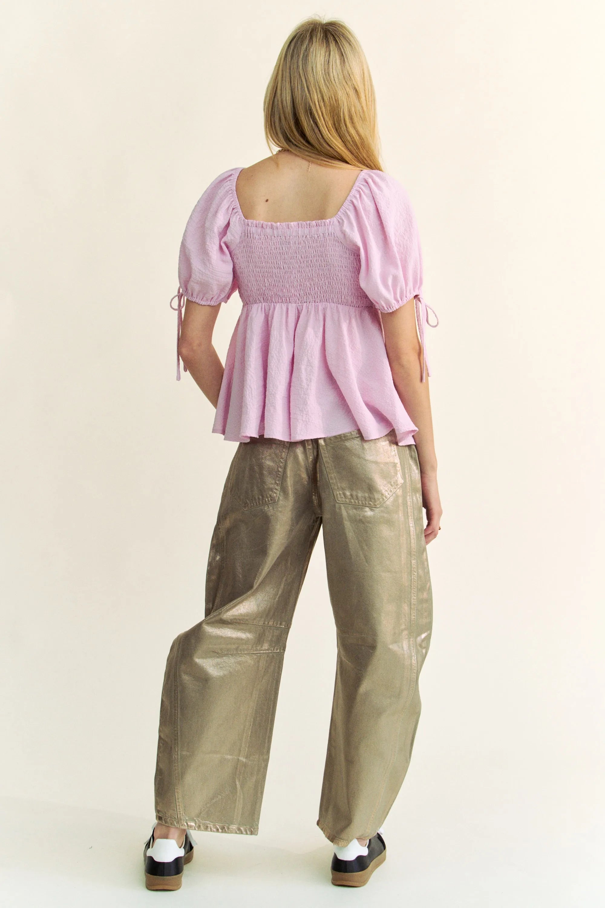 Davi & Dani Solid Elastic Peplum Puffed Sleeves Blouse OutfitFlow