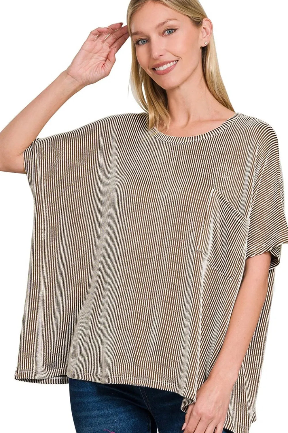 Zenana Corded Rib Oversized Short Sleeve Top BROWN OutfitFlow