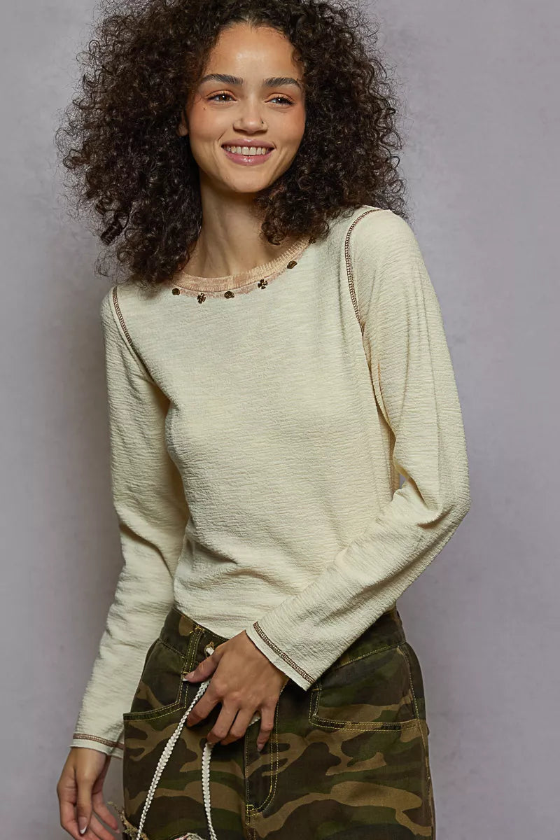 POL Round Neck Long Sleeve Contrast Stitching T-Shirt with Stud Detail OutfitFlow