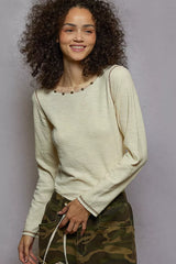 POL Round Neck Long Sleeve Contrast Stitching T-Shirt with Stud Detail OutfitFlow