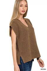 Zenana Ribbed Slit V-Neck Sweater Vest OutfitFlow