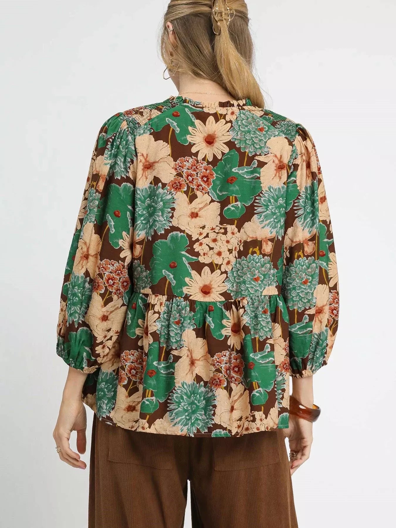 Umgee Mix Floral Peplum Blouse with Tie Neck OutfitFlow