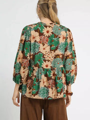 Umgee Mix Floral Peplum Blouse with Tie Neck OutfitFlow