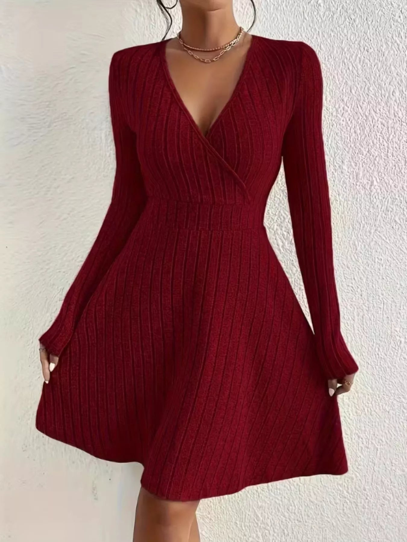 Ribbed Knit Wrap Mini Dress Burgundy OutfitFlow