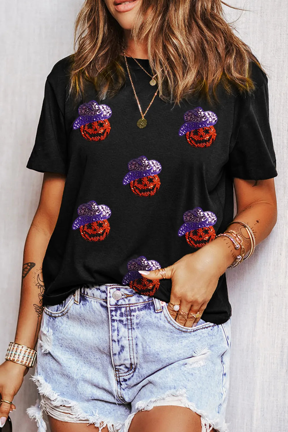 Sequin Pumpkin Round Neck Short Sleeve T-Shirt Black OutfitFlow
