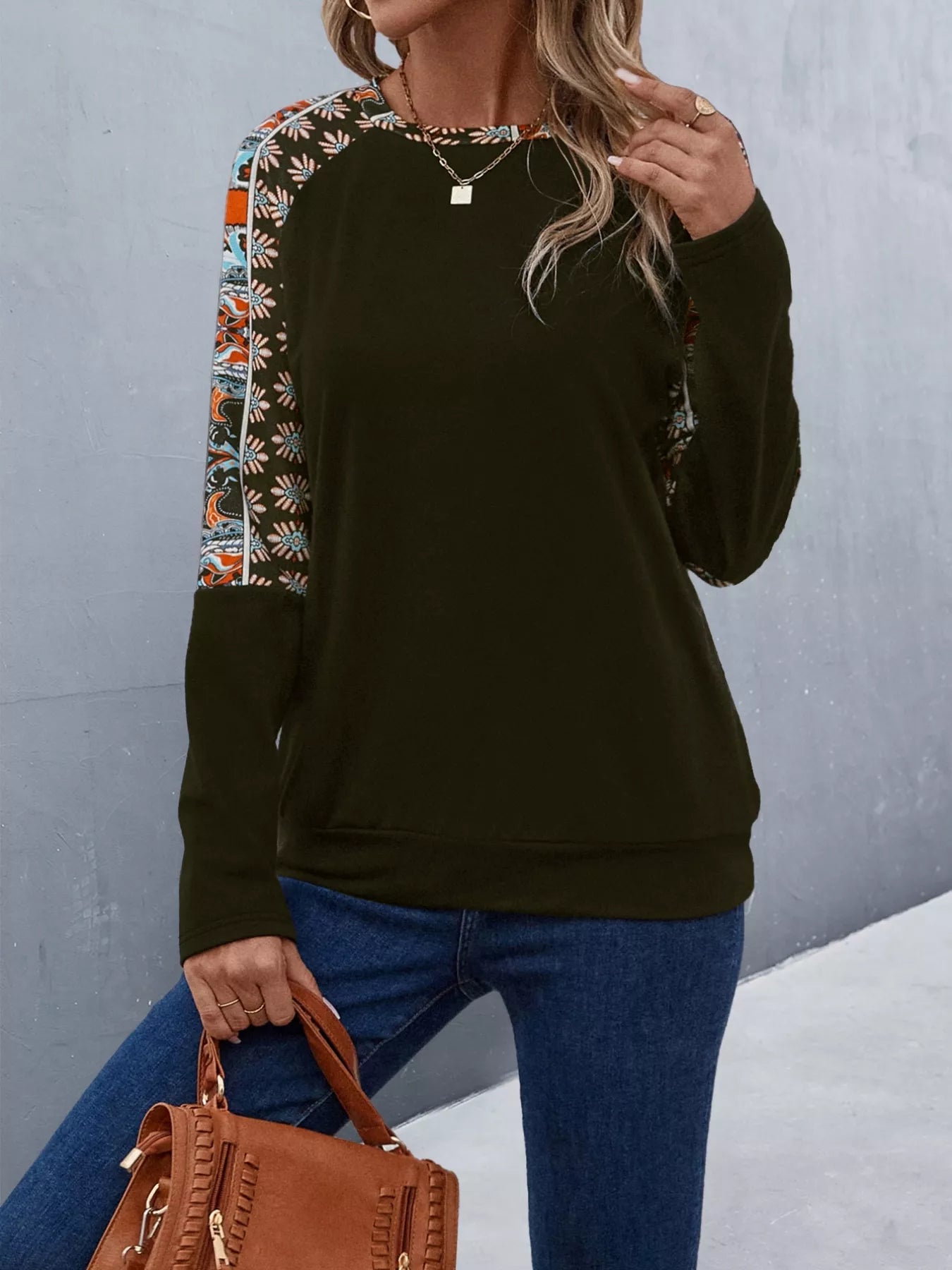 Printed Raglan Sleeve Round Neck T-Shirt Trendsi