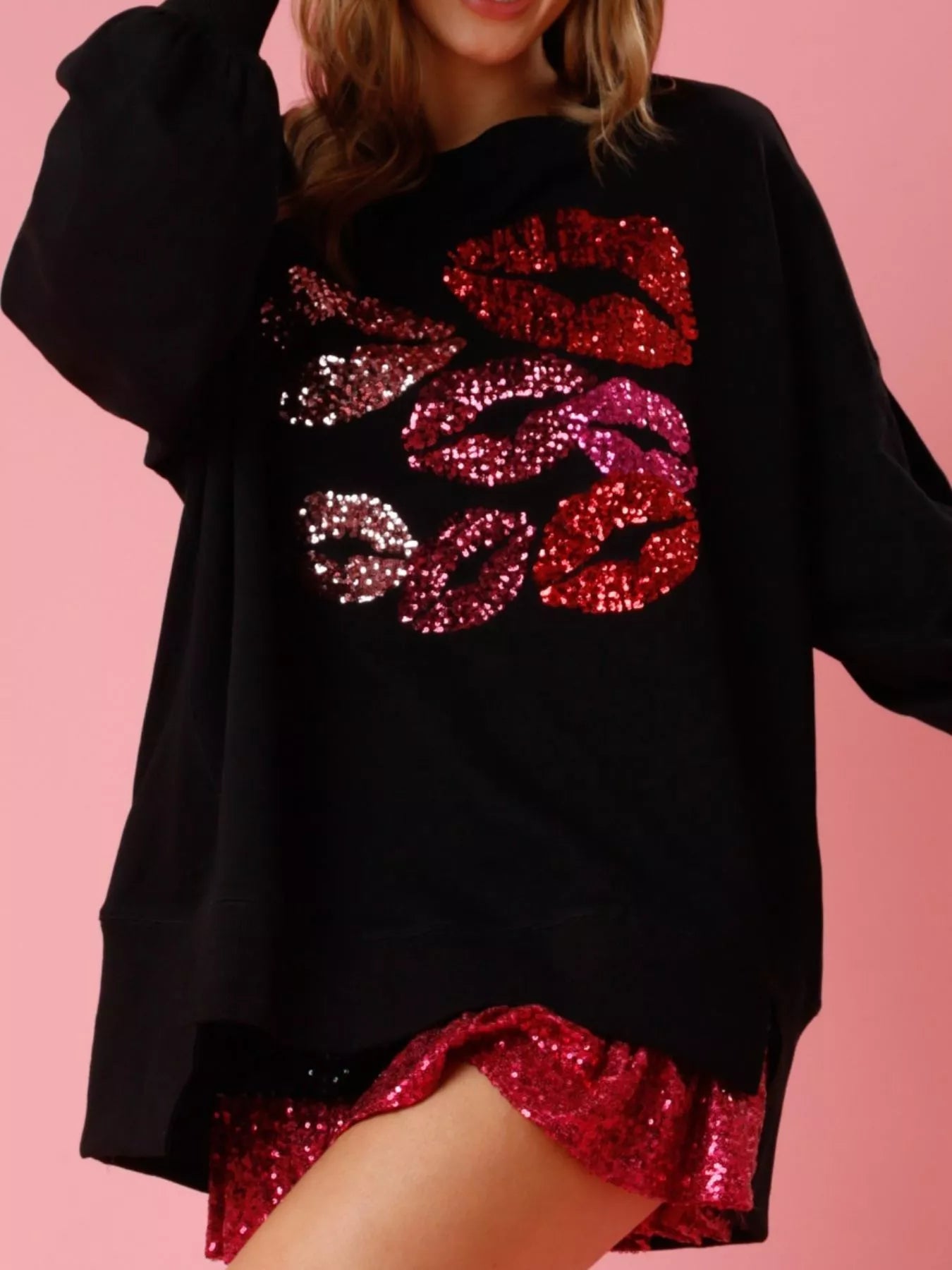Lips Round Neck Dropped Shoulder Sweatshirt OutfitFlow