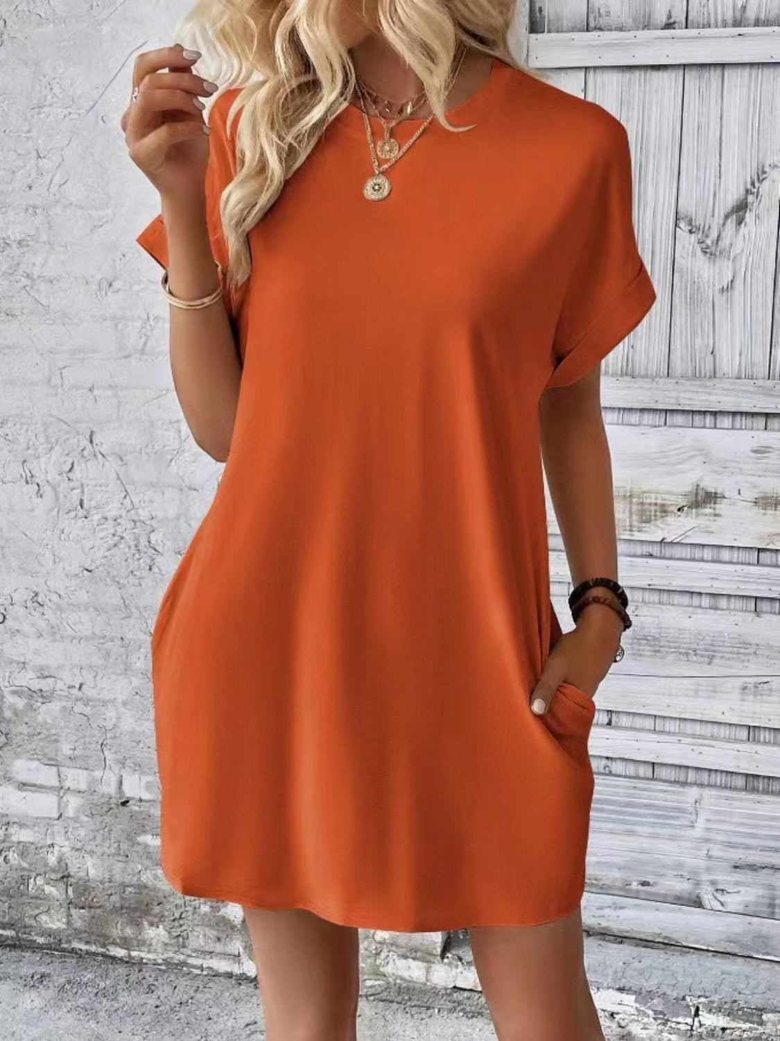Short Sleeve Mini Tee Dress with Pockets Terracotta OutfitFlow