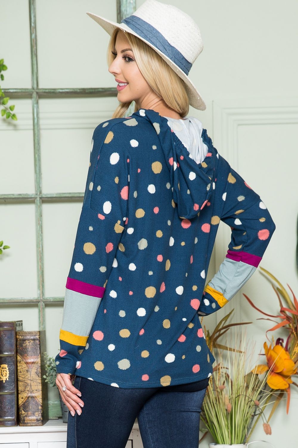 Outfit Flow - Celeste Full Size Polka Dot Drawstring Hoodie