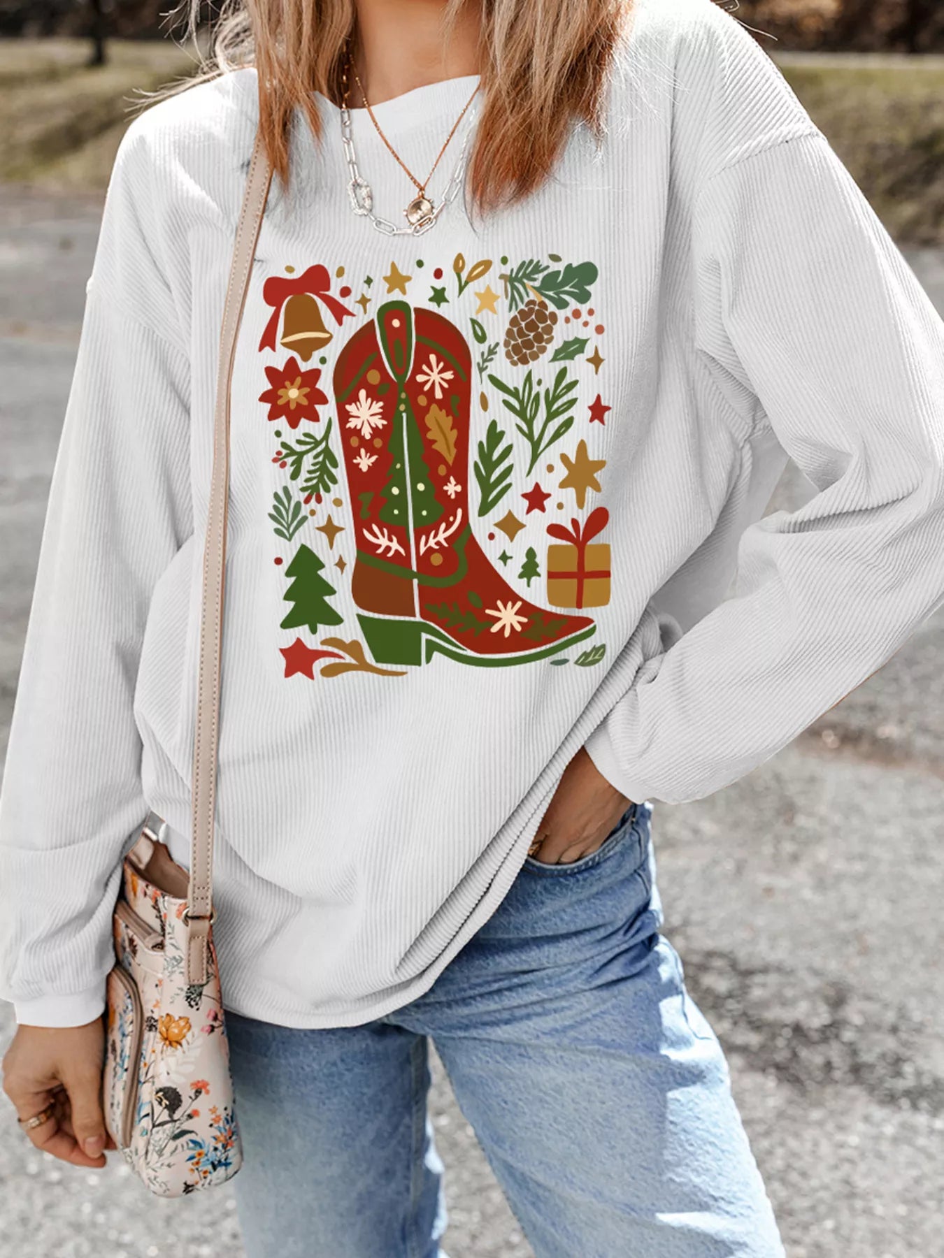 Christmas Leafy Boot Printed Corded Rib Drop Shoulder Sweatshirt OutfitFlow