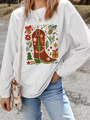 Christmas Leafy Boot Printed Corded Rib Drop Shoulder Sweatshirt OutfitFlow