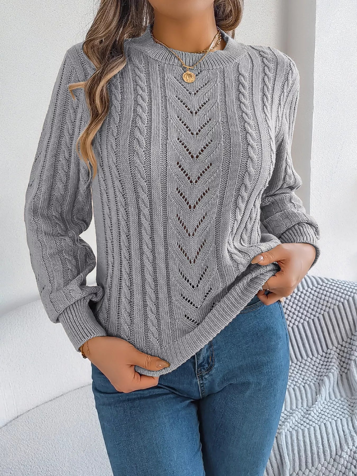 Cable-Knit Round Neck Sweater Gray OutfitFlow