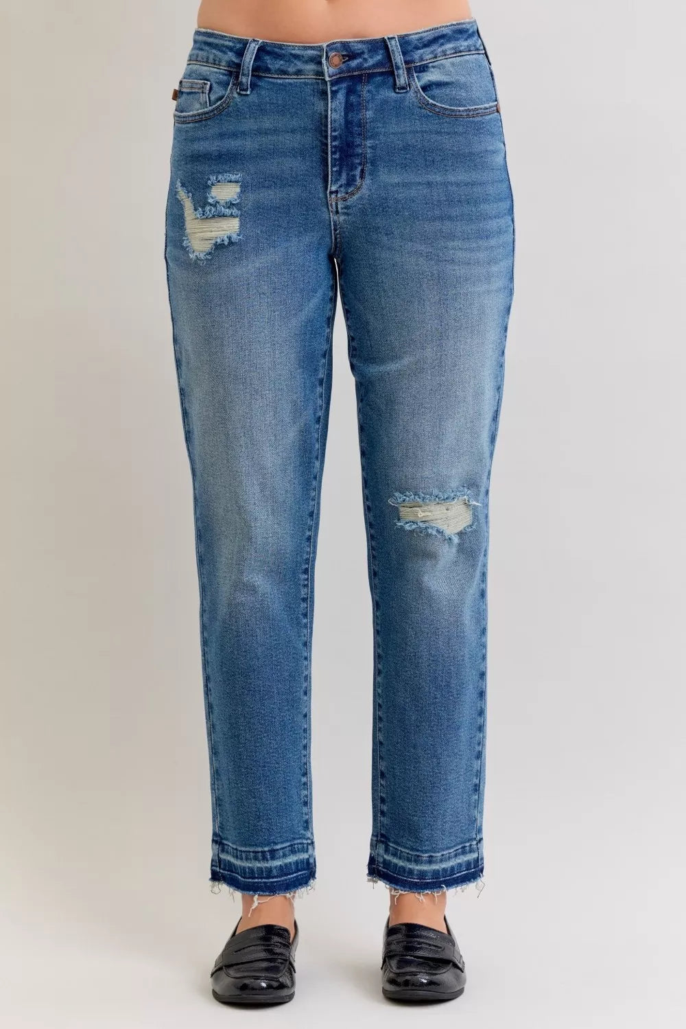 Judy Blue Full Size Mid Rise Bf Patch & Repair Destroy Release Hem Jeans Plus Size MD OutfitFlow
