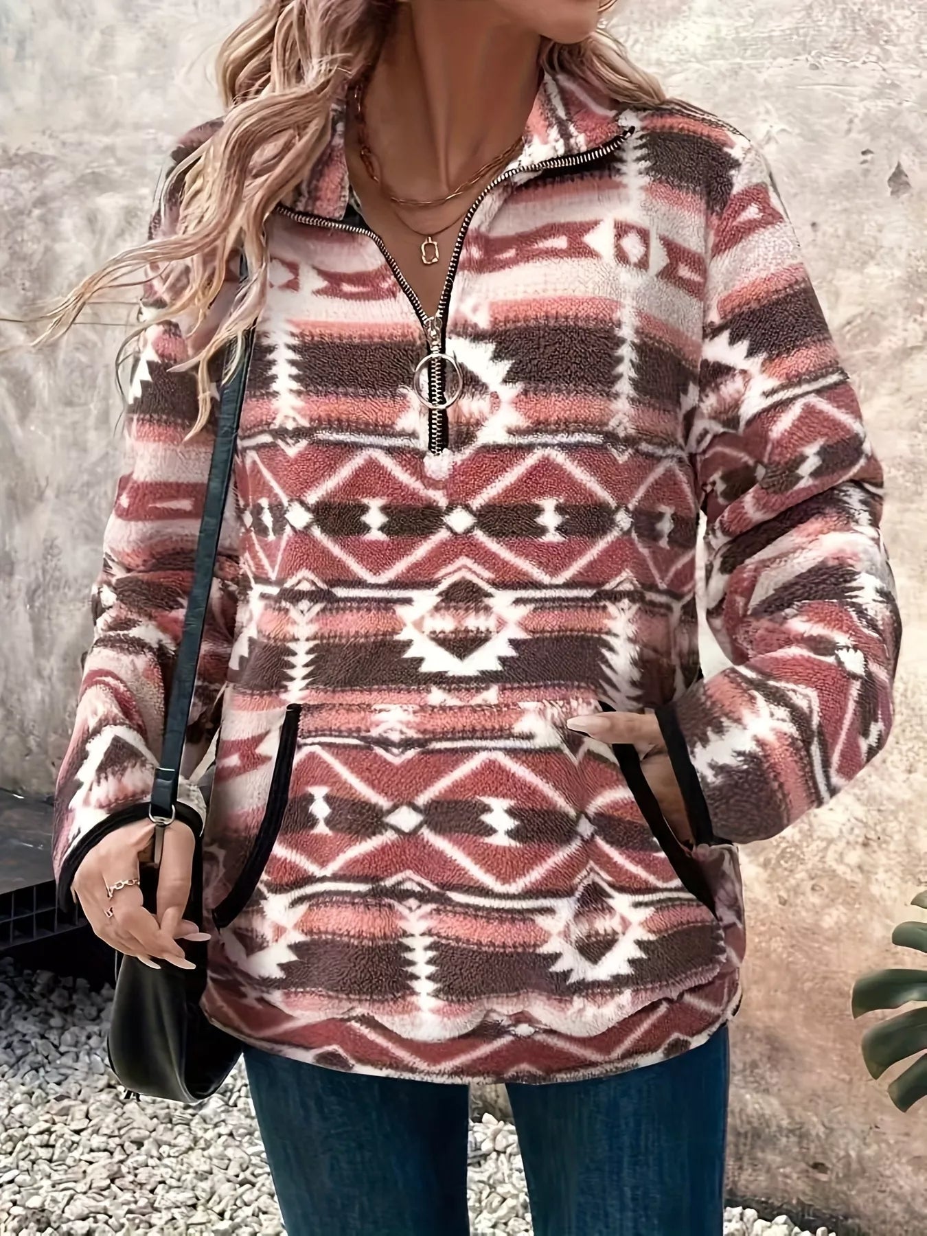 Geometric Half Zip Long Sleeve Sweatshirt OutfitFlow